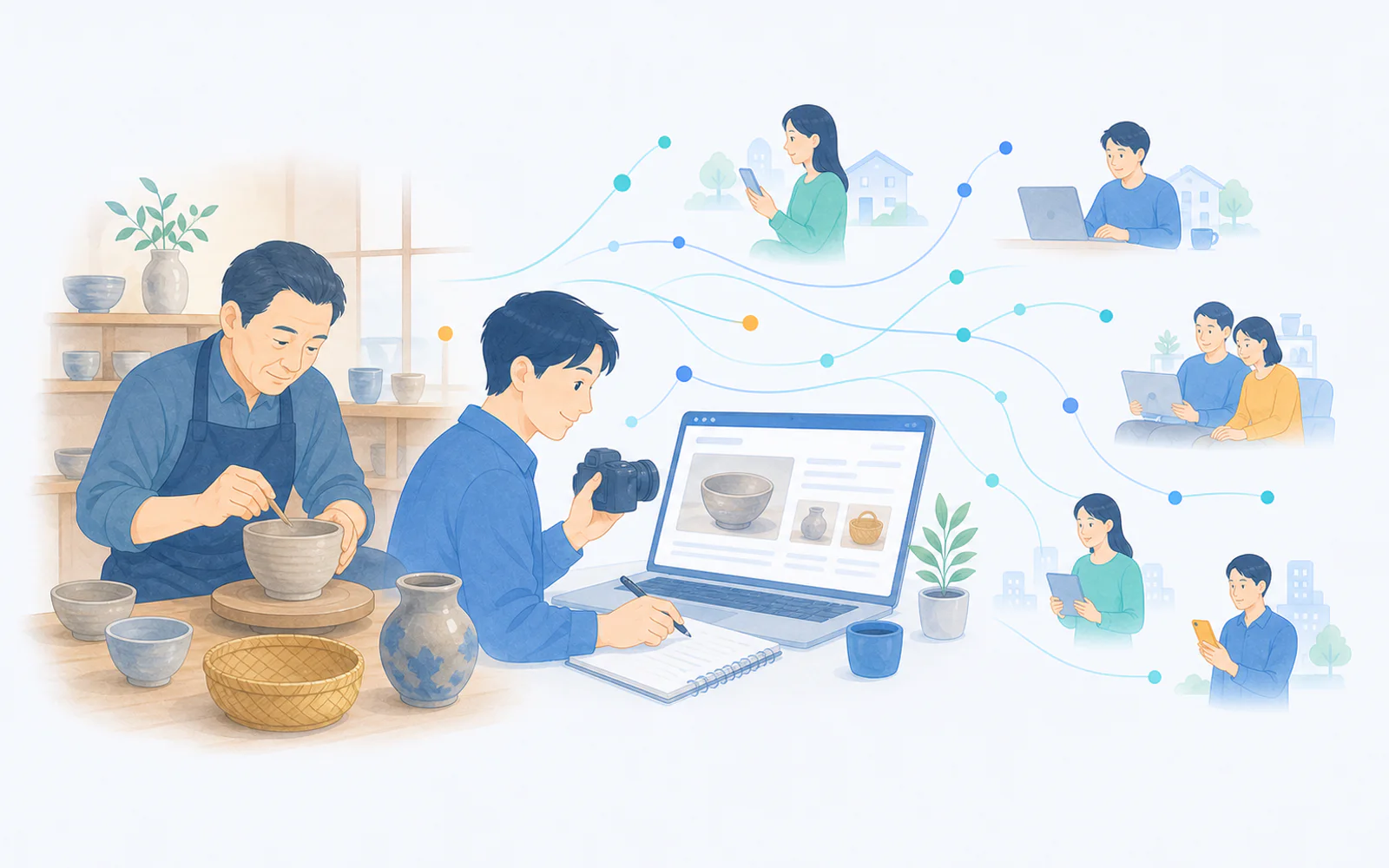 地域の職人とWeb制作者が工芸品の魅力を発信し、必要とする人へデジタルで届けている様子